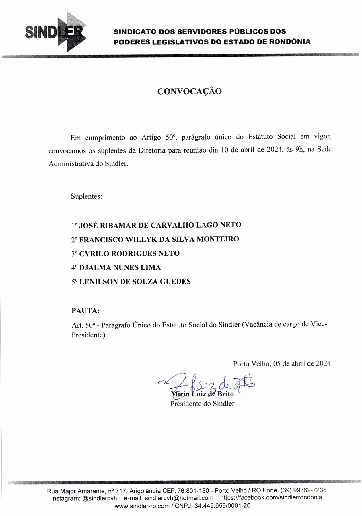 CONVOCAÇÃO REUNIÃO VACANCIA CARGO VICE PRESIDENTE