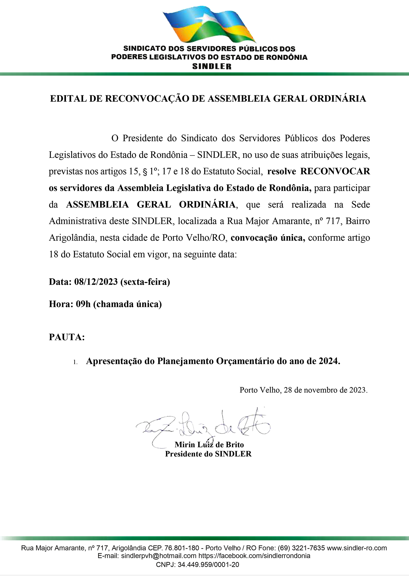 EDITAL DE RECONVOCAÇÃO AGO DO DIA 30.11.2023 PARA DIA 08.12.2023