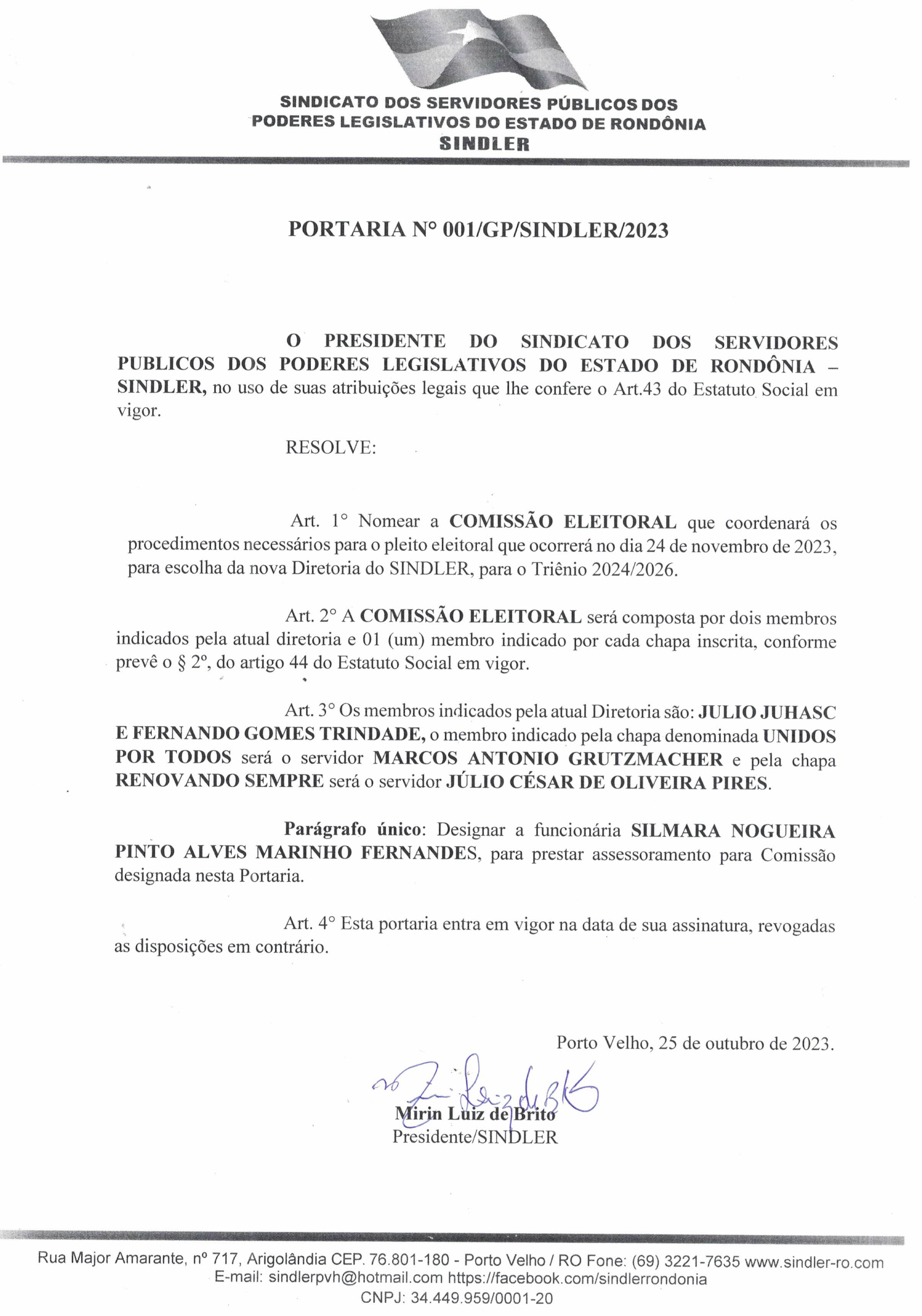 PORTARIA Nº001 COMISSAO ELEITORAL