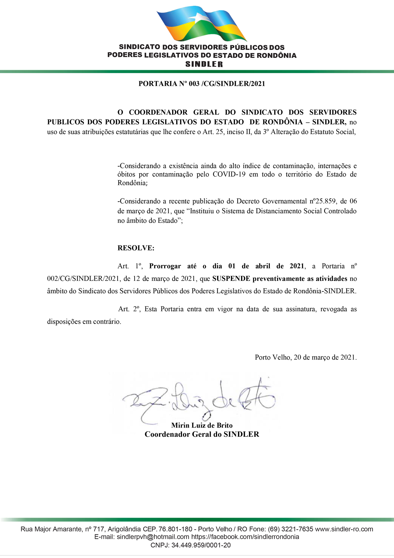 Portaria nº 003 SINDLER COVID 19 março de 2021
