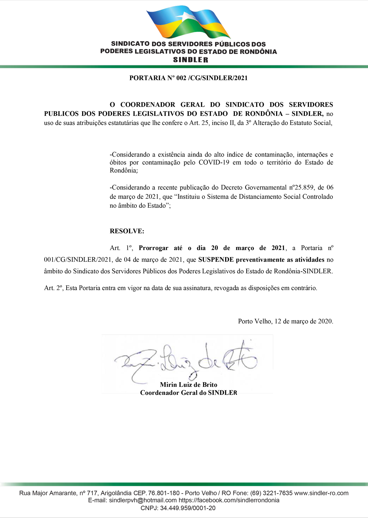 Portaria nº 002 SINDLER COVID 19 março de 2021